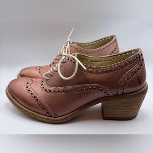 FRYE Maggie Wingtip Leather Heel Brogue Bootie, 8 cognac pink piping, rare color